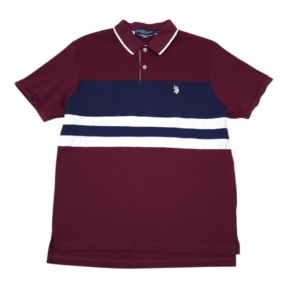 US Polo Assn Mens Cotton Polo Shirt Large Burgundy & Navy Striped Short Sleeve - Picture 1 of 7